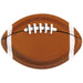 Brown and white football-shaped paper plate with white laces down the center and tan end zones on the sides.