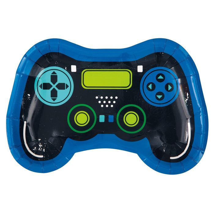 Blue and black video game controller-shaped paper plate with colorful button graphics including cyan d-pad, blue action buttons, green analog sticks, and yellow center display.