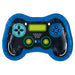 Blue and black video game controller-shaped paper plate with colorful button graphics including cyan d-pad, blue action buttons, green analog sticks, and yellow center display.