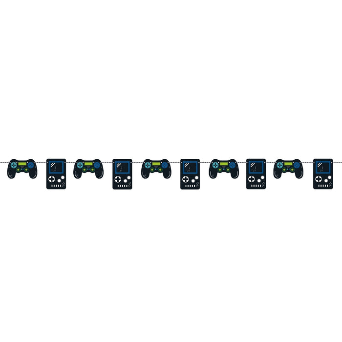Decorative garland string measuring 7 feet long featuring alternating blue handheld game controllers and black gaming devices with white buttons and lime-green accents, arranged in a repeating pattern.