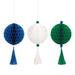 Three honeycomb ball decorations in blue, white, and green, each with matching tassel streamers and coordinating pom-pom toppers, suspended from strings.