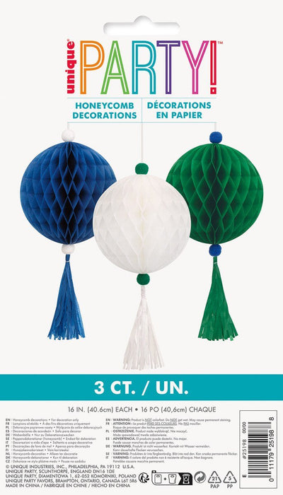 Three 16-inch honeycomb paper ball decorations in blue, white, and green, each with matching tassels attached below.