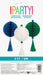 Three 16-inch honeycomb paper ball decorations in blue, white, and green, each with matching tassels attached below.
