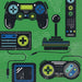 Set of sixteen gaming-themed napkins featuring illustrated video game controllers, joysticks, and console equipment in blue, yellow, and black on a green background.