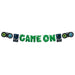 Green "Game On" foil letter banner strung between two black handheld video game controller balloons and two black handheld gaming device balloons on either side.