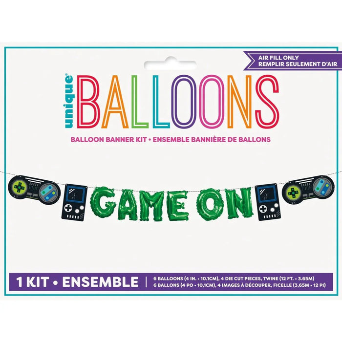 Unique Balloons game-themed banner kit featuring six green "GAME ON" letter balloons in 4-inch size, two black handheld controller balloons, two black game console balloons, and twine for hanging.