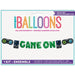 Unique Balloons game-themed banner kit featuring six green "GAME ON" letter balloons in 4-inch size, two black handheld controller balloons, two black game console balloons, and twine for hanging.
