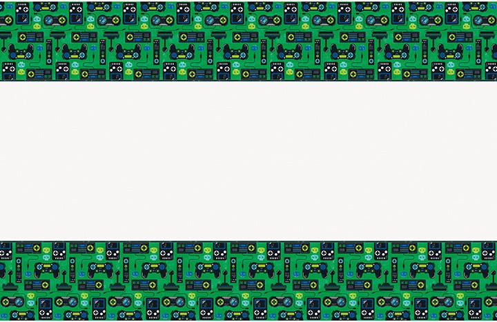 Green plastic tablecover with repeating pattern of retro-style video game controllers and gaming elements arranged horizontally across the surface.
