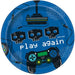 Round blue paper plates featuring pixel art game controllers, three arcade machines, and "Play Again" text, set of eight.