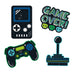 Four retro gaming-themed wall decal stickers featuring a handheld console, controller, arcade joystick, and "Game Over" text with pixel skulls in neon green, blue, and cyan colors.