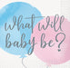 Pack of 16 beverage napkins featuring blue and pink speech balloons with gray text asking "what will baby be?" and a small heart symbol.
