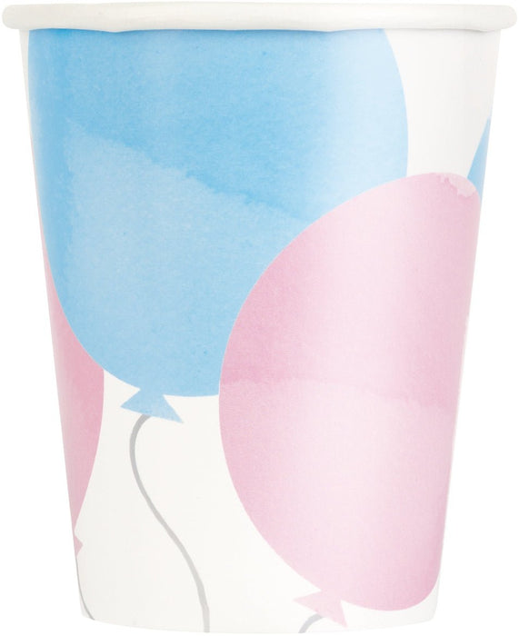 Blue and pink balloon design on white paper cup with gray string detail, pack of eight nine-ounce cups for gender reveal celebrations.