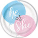 White paper plate featuring two overlapping speech bubbles in blue and pink with "he" and "she" text in white script lettering.