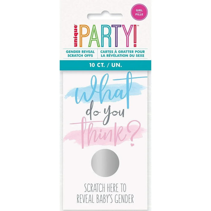 Package of 10 gender reveal scratch-off cards with blue and pink watercolor designs and text reading "what do you think" with a silver scratch circle to reveal the baby's gender.