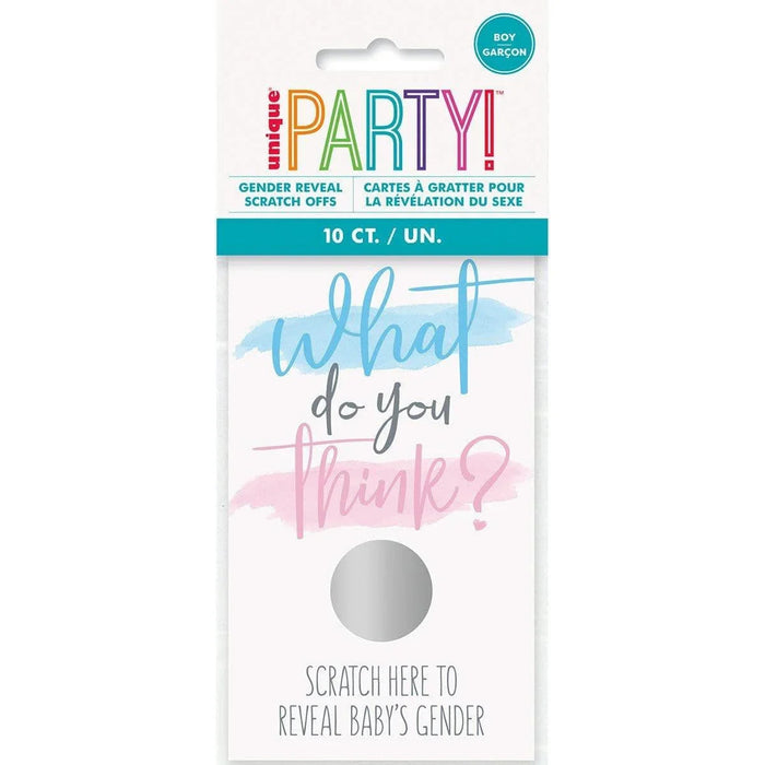 Package of 10 gender reveal scratch-off cards featuring blue and pink watercolor designs with "What do you think?" text and a silver circle to scratch.