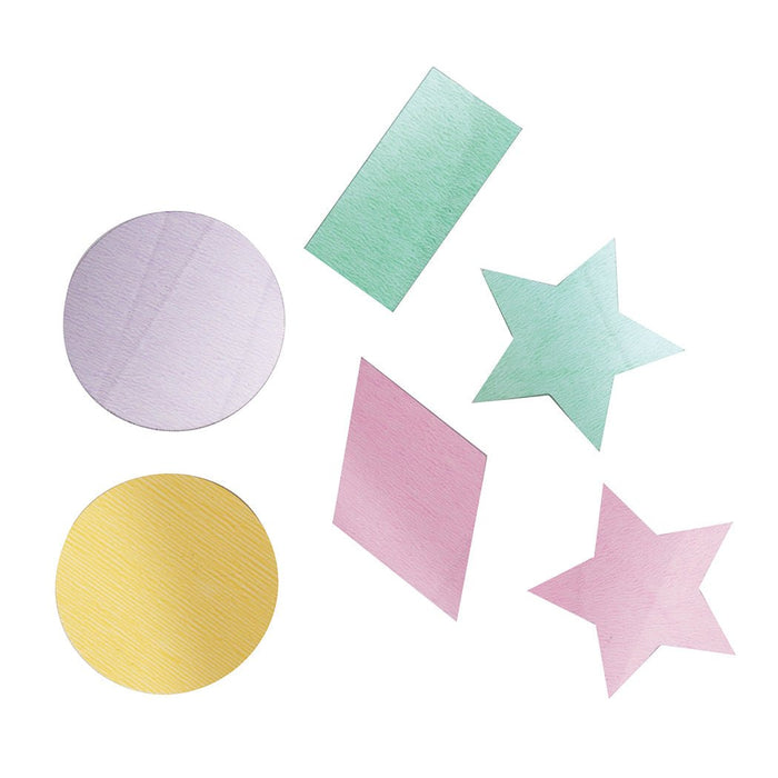 Six pastel-colored paper shapes in purple circle, yellow circle, green rectangle, pink diamond, green star, and pink star arranged on a white background.