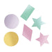 Six pastel-colored paper shapes in purple circle, yellow circle, green rectangle, pink diamond, green star, and pink star arranged on a white background.
