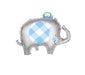 Silver mylar elephant-shaped balloon with blue and white argyle pattern on its body and a small blue crown on top.
