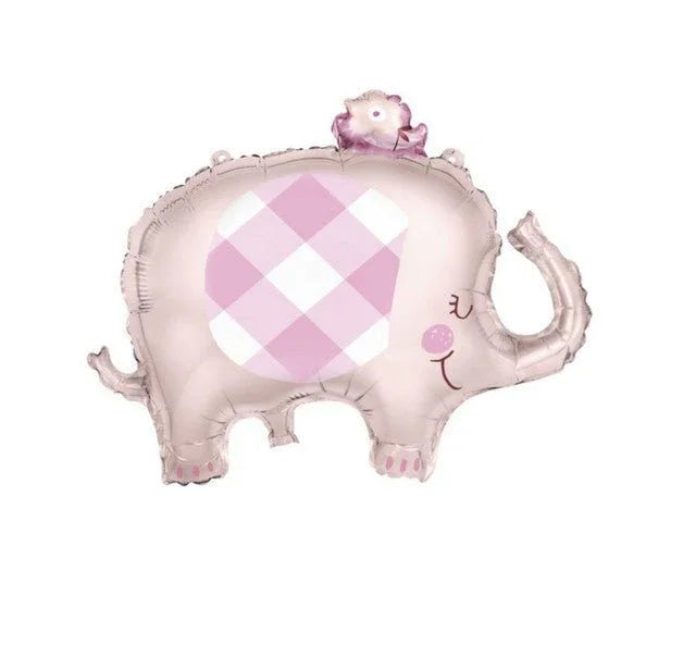 Pink and white foil balloon shaped like an elephant with a diamond argyle pattern on its body and a smaller matching balloon on top.