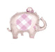 Pink and white foil balloon shaped like an elephant with a diamond argyle pattern on its body and a smaller matching balloon on top.
