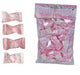 Clear plastic bag containing approximately 50 pink and white bow-shaped buttermint candies with product label visible at top.
