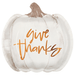 White pumpkin-shaped paper plate with a brown stem featuring orange handwritten text reading "give Thanks" in the center.