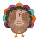 Brown turkey-shaped foil balloon with colorful scalloped feathers in orange, purple, teal, and pink, featuring an orange beak and feet.
