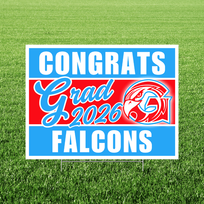 Graduation-themed sign with 'Congrats Grad 2026' and 'Falcons' on a grass background