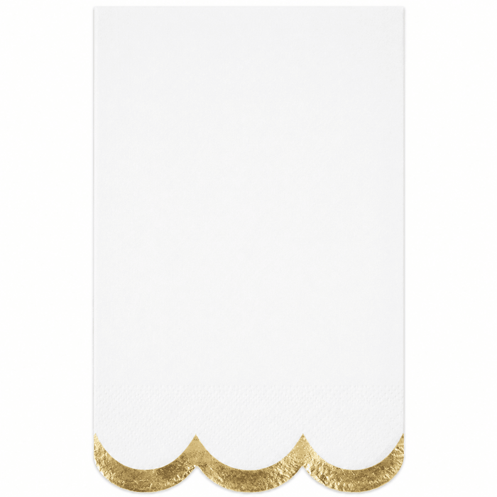 White napkin with scalloped bottom edge trimmed in gold glitter.