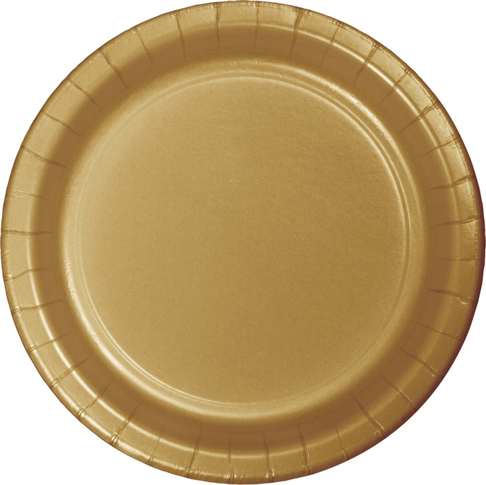 Gold paper plate with a ridged rim and smooth center surface, shown from above against a white background.