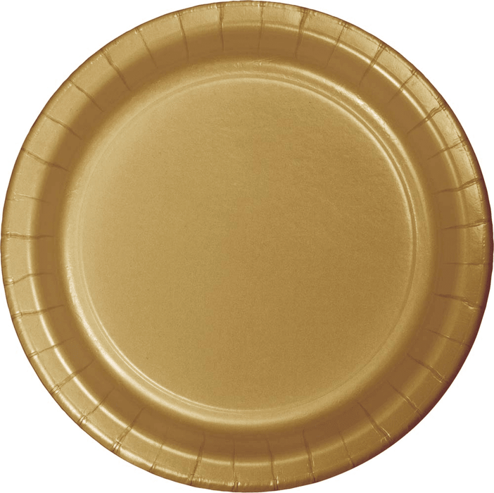 Gold paper plate with a ridged rim and smooth center, shown from above on a white background.