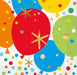 Colorful balloons in red, blue, orange, yellow, and green with gold star decorations and confetti dots printed on white beverage napkins.
