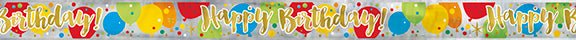 Colorful repeating birthday banner with gold "Happy Birthday" text, red and blue balloons, and yellow confetti on white background.