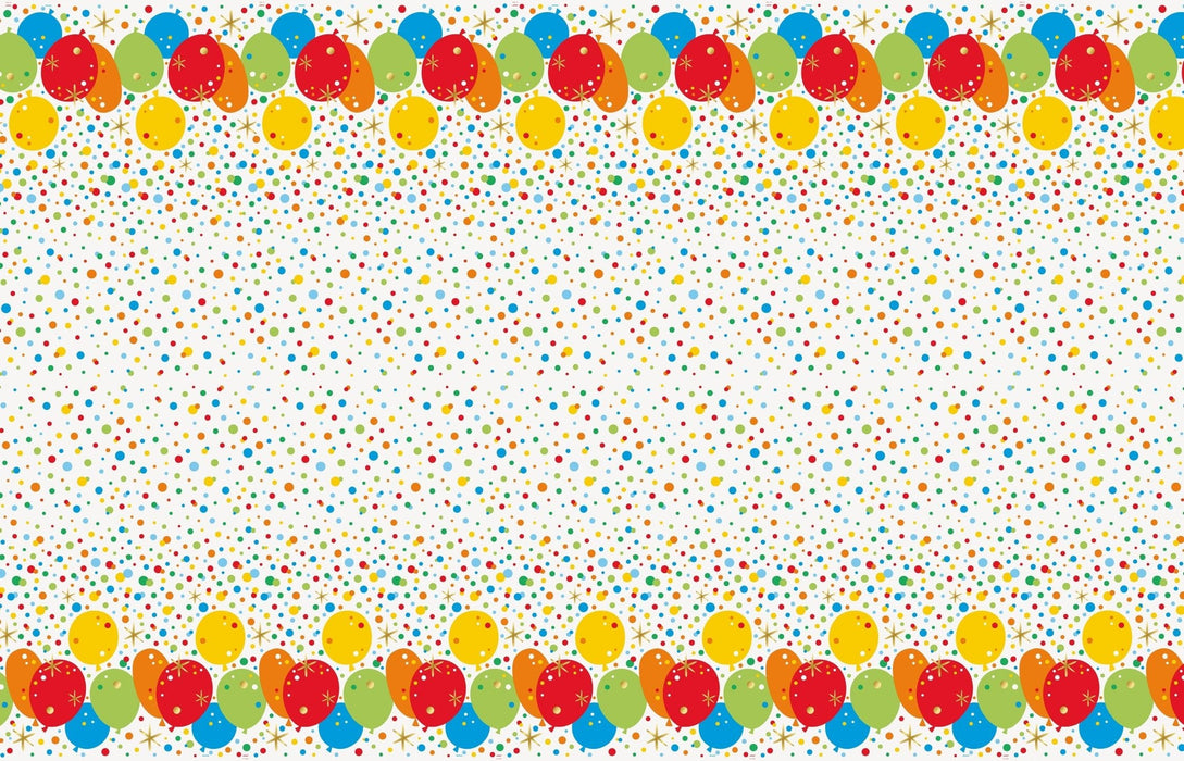 Festive plastic tablecover with colorful balloons in red, blue, yellow, green, and orange arranged along the top and bottom borders, with multicolored confetti dots scattered across a white background.