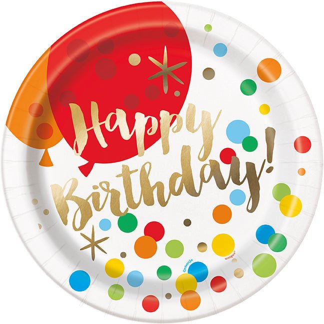 White paper plate with gold "Happy Birthday" text, red balloon illustration, and multicolored confetti dots throughout.