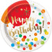 White paper plate with gold "Happy Birthday" text, red balloon illustration, and multicolored confetti dots throughout.