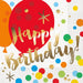 Pack of 16 white lunch napkins featuring "Happy Birthday" in gold script text on a red balloon with colorful confetti dots and gold stars throughout.