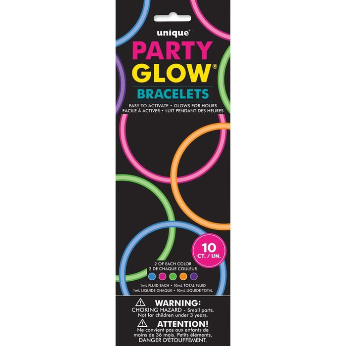 Party glow bracelets package with 10 colorful neon bracelets in blue, pink, green, orange, and purple on black background packaging.