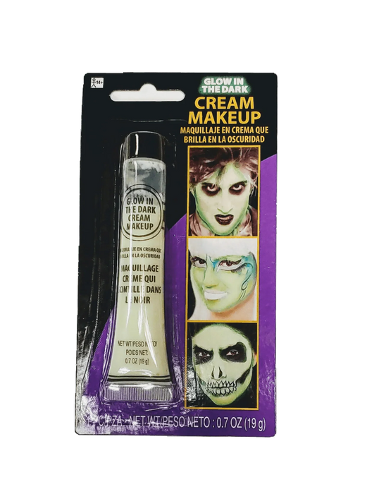 Glow In The Dark Cream Makeup in a white squeeze tube with black cap, 0.7 oz, displayed on purple and black packaging showing three Halloween costume application examples.