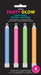 Package of four glow sticks in blue, pink, green, and orange with white caps arranged vertically on black packaging.