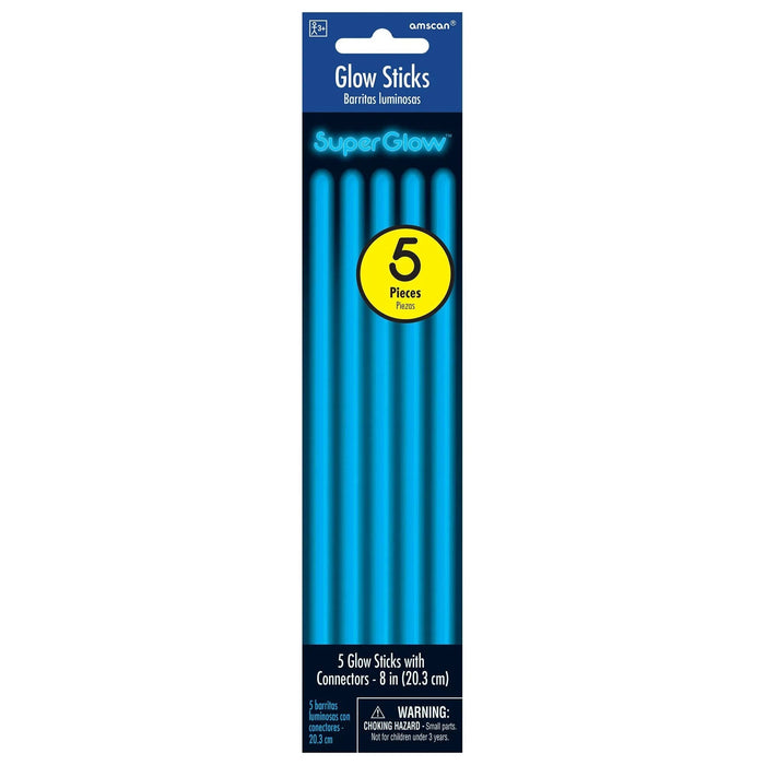 Package of five bright blue glow sticks, each eight inches long with connectors, displayed vertically on a dark blue card with yellow "5 Pieces" circle and "SuperGlow" branding.