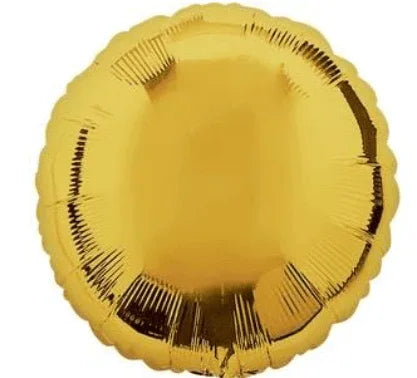 Round metallic gold foil balloon with reflective surface and heat-sealed edges, 18 inches in diameter.