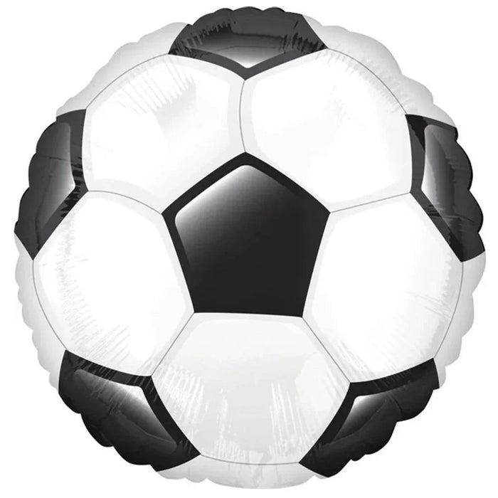 Round mylar balloon featuring a classic black and white soccer ball design with five white pentagons and five black pentagons arranged in a spherical pattern.