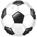 Round mylar balloon featuring a classic black and white soccer ball design with five white pentagons and five black pentagons arranged in a spherical pattern.