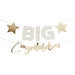 Gold and cream banner with "BIG Congratulations" text, flanked by two gold stars, suspended on twine against a white background.