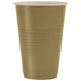 Tan-colored disposable plastic cup with ridged texture around the lower half and white rim, shown against a white background.