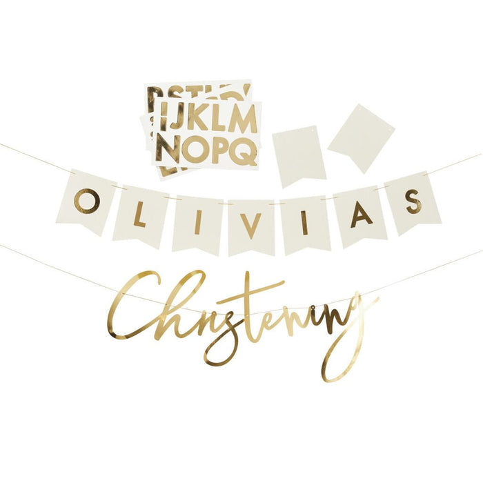 Cream-colored banner set with gold foil letters spelling "OLIVIAS" and "Christening," includes a gold alphabet stencil sheet and two blank pennant flags.