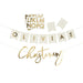 Cream-colored banner set with gold foil letters spelling "OLIVIAS" and "Christening," includes a gold alphabet stencil sheet and two blank pennant flags.