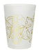 White 16-ounce cup with gold geometric diamond line drawings printed around the sides.