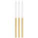 Set of three tall taper candles with white bodies and gold-dipped lower portions against a white background.